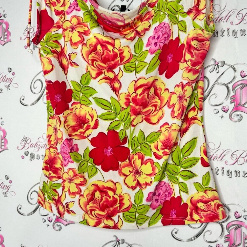 Reitmans top cinch tie sleeves bright flowers Floral Print shirt y2k neon - Picture 5 of 11